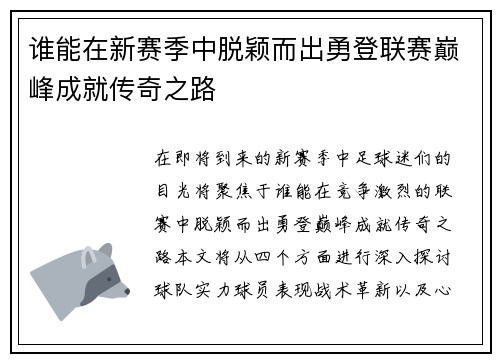 谁能在新赛季中脱颖而出勇登联赛巅峰成就传奇之路