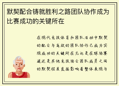 默契配合铸就胜利之路团队协作成为比赛成功的关键所在