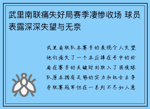 武里南联痛失好局赛季凄惨收场 球员表露深深失望与无奈